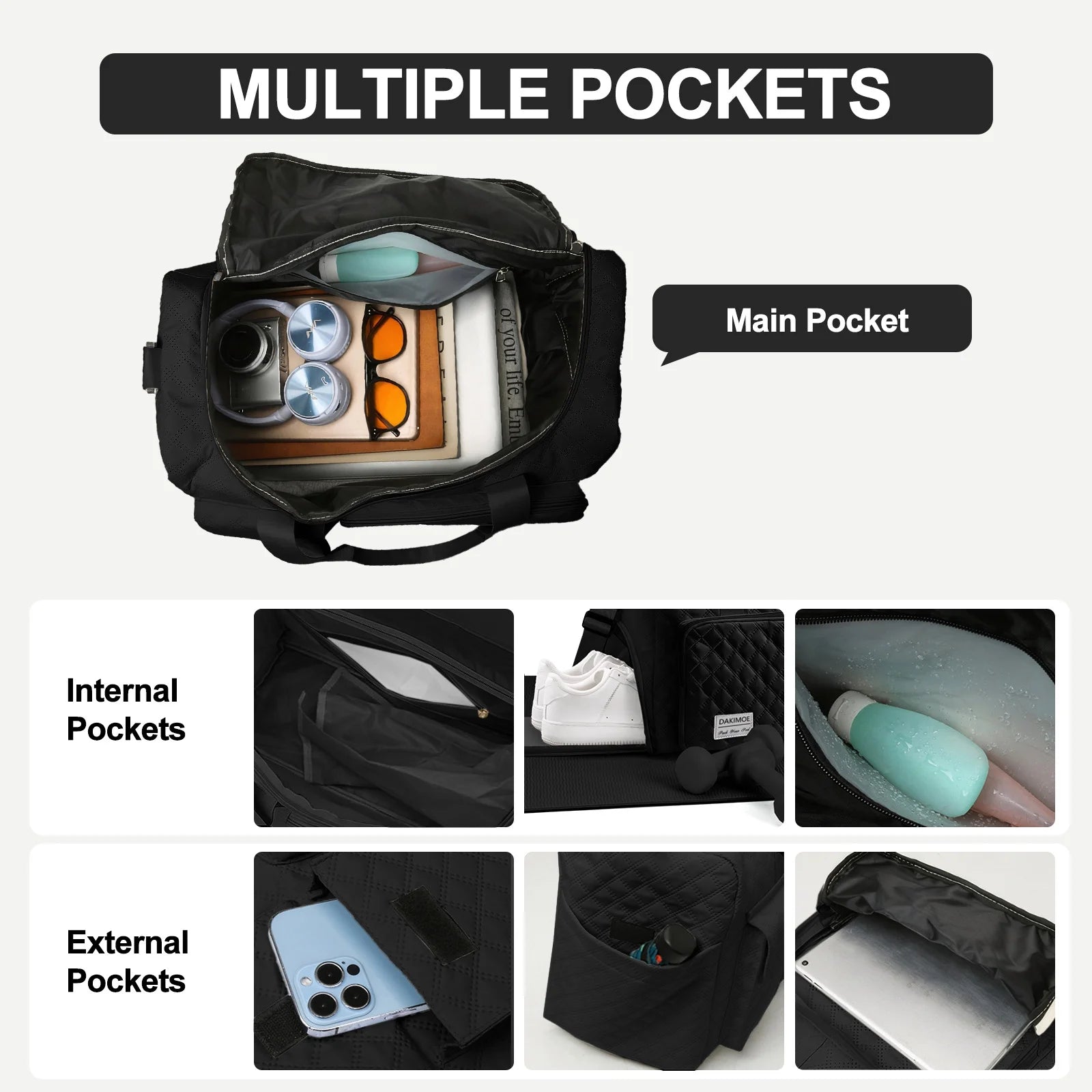 Travel Duffle Bag for Women Men, Weekender Overnight Bags Carry on Gym Bag with Wet Pocket/Adjustable Strap/Shoe Compartment, Foldable Waterproof Duffel Tote for Plane Sports Dance, Black