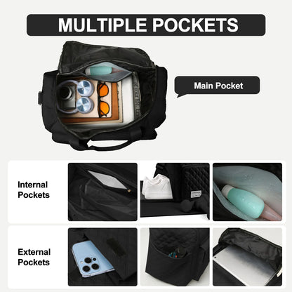 Travel Duffle Bag for Women Men, Weekender Overnight Bags Carry on Gym Bag with Wet Pocket/Adjustable Strap/Shoe Compartment, Foldable Waterproof Duffel Tote for Plane Sports Dance, Black