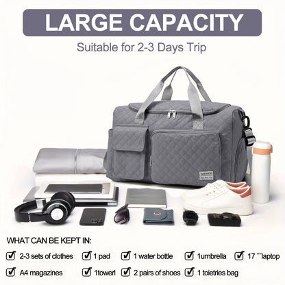 Travel Duffle Bag for Women Men, Weekender Overnight Bags Carry on Gym Bag with Wet Pocket/Adjustable Strap/Shoe Compartment, Foldable Waterproof Duffel Tote for Plane Sports Dance, Gray