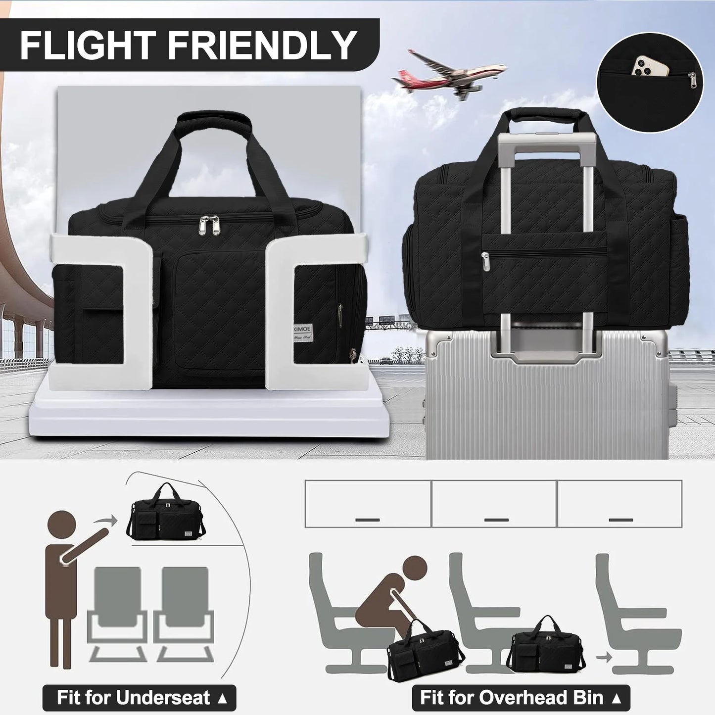 Travel Duffle Bag for Women Men, Weekender Overnight Bags Carry on Gym Bag with Wet Pocket/Adjustable Strap/Shoe Compartment, Foldable Waterproof Duffel Tote for Plane Sports Dance, Black