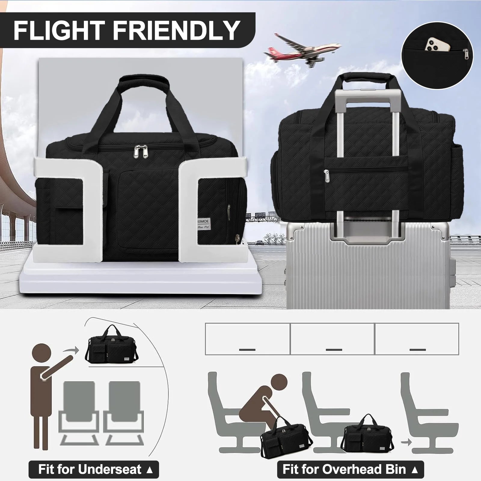 Travel Duffle Bag for Women Men, Weekender Overnight Bags Carry on Gym Bag with Wet Pocket/Adjustable Strap/Shoe Compartment, Foldable Waterproof Duffel Tote for Plane Sports Dance, Black