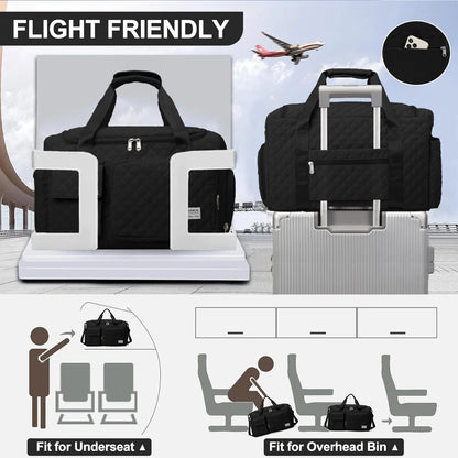 Travel Duffle Bag for Women Men, Weekender Overnight Bags Carry on Gym Bag with Wet Pocket/Adjustable Strap/Shoe Compartment, Foldable Waterproof Duffel Tote for Plane Sports Dance, Black