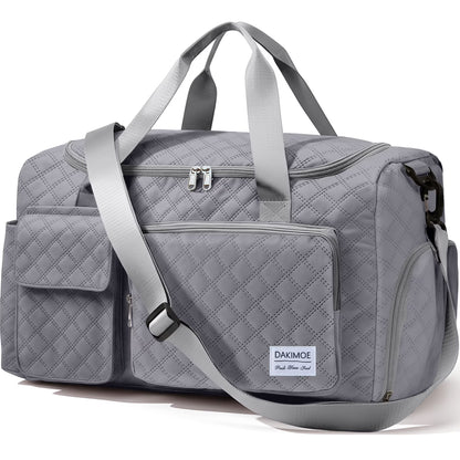 Travel Duffle Bag for Women Men, Weekender Overnight Bags Carry on Gym Bag with Wet Pocket/Adjustable Strap/Shoe Compartment, Foldable Waterproof Duffel Tote for Plane Sports Dance, Gray