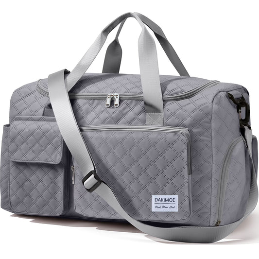 Travel Duffle Bag for Women Men, Weekender Overnight Bags Carry on Gym Bag with Wet Pocket/Adjustable Strap/Shoe Compartment, Foldable Waterproof Duffel Tote for Plane Sports Dance, Gray