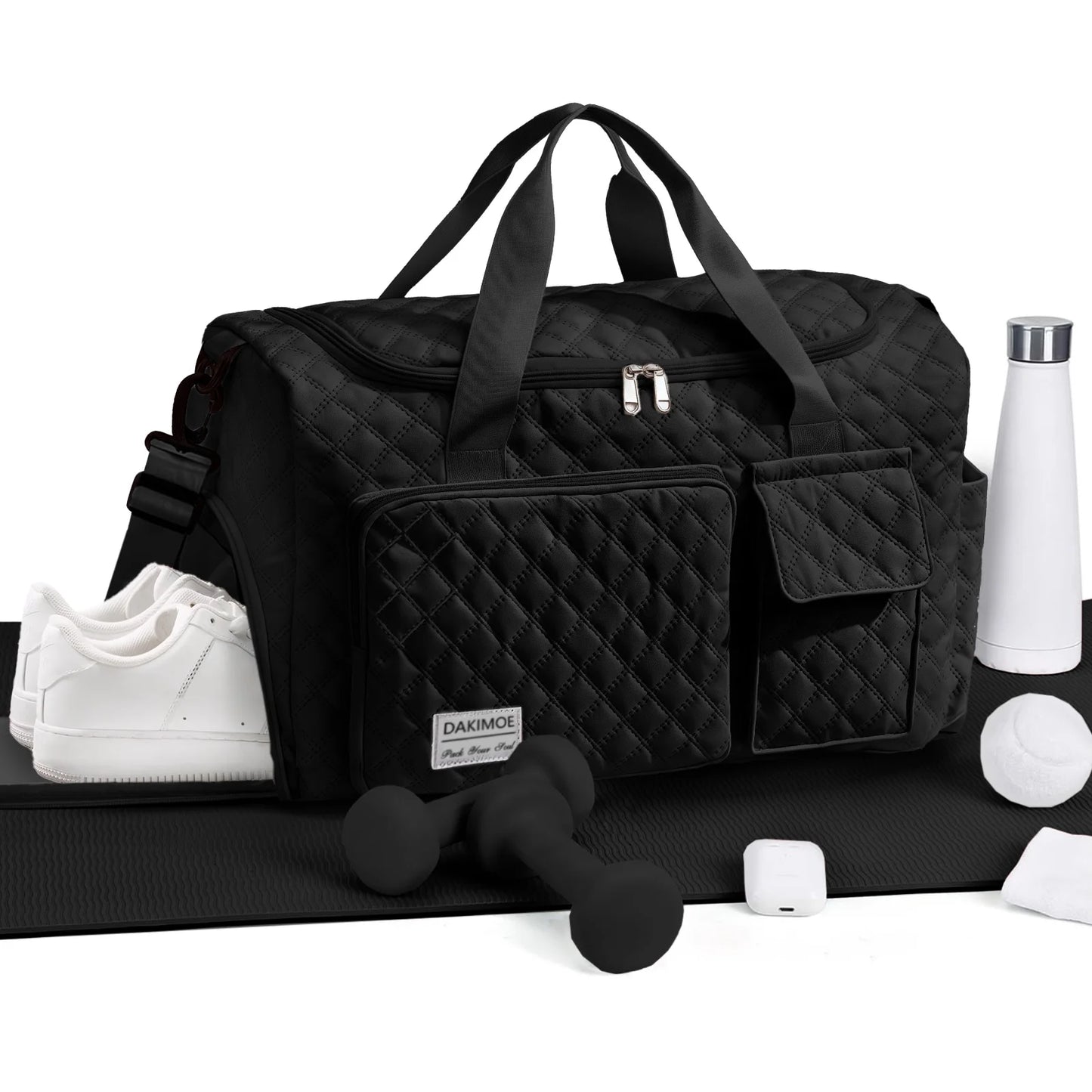 Travel Duffle Bag for Women Men, Weekender Overnight Bags Carry on Gym Bag with Wet Pocket/Adjustable Strap/Shoe Compartment, Foldable Waterproof Duffel Tote for Plane Sports Dance, Black