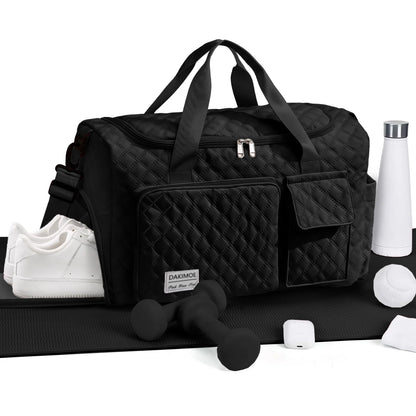 Travel Duffle Bag for Women Men, Weekender Overnight Bags Carry on Gym Bag with Wet Pocket/Adjustable Strap/Shoe Compartment, Foldable Waterproof Duffel Tote for Plane Sports Dance, Black