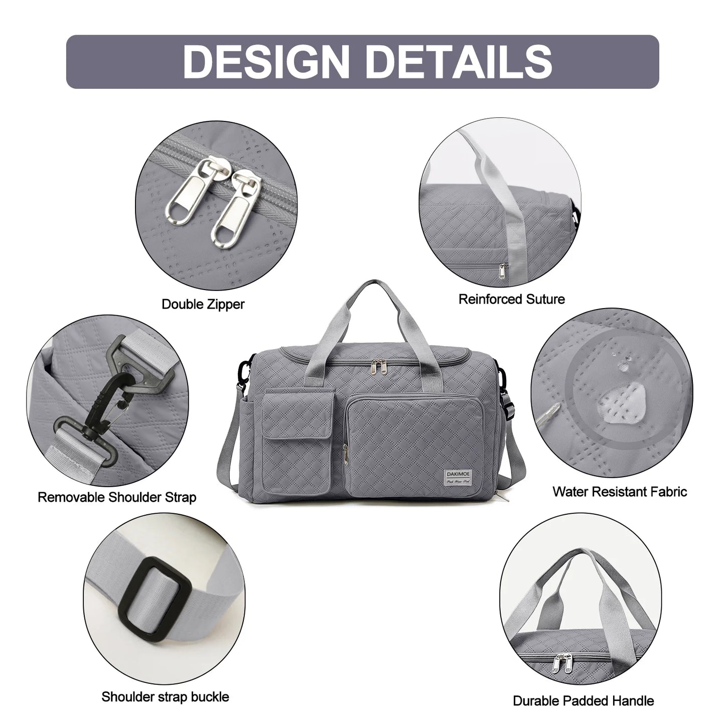 Travel Duffle Bag for Women Men, Weekender Overnight Bags Carry on Gym Bag with Wet Pocket/Adjustable Strap/Shoe Compartment, Foldable Waterproof Duffel Tote for Plane Sports Dance, Gray