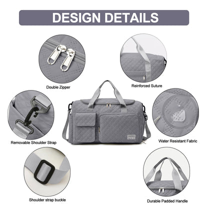 Travel Duffle Bag for Women Men, Weekender Overnight Bags Carry on Gym Bag with Wet Pocket/Adjustable Strap/Shoe Compartment, Foldable Waterproof Duffel Tote for Plane Sports Dance, Gray