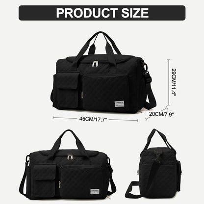 Travel Duffle Bag for Women Men, Weekender Overnight Bags Carry on Gym Bag with Wet Pocket/Adjustable Strap/Shoe Compartment, Foldable Waterproof Duffel Tote for Plane Sports Dance, Black