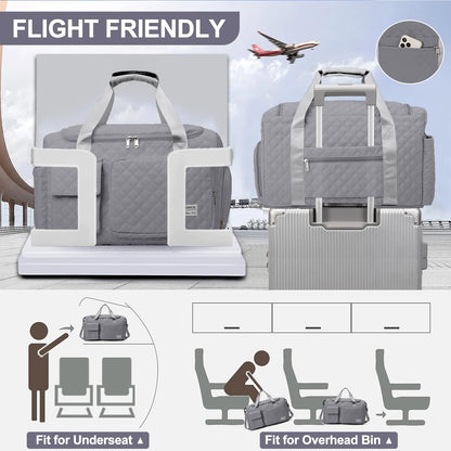 Travel Duffle Bag for Women Men, Weekender Overnight Bags Carry on Gym Bag with Wet Pocket/Adjustable Strap/Shoe Compartment, Foldable Waterproof Duffel Tote for Plane Sports Dance, Gray