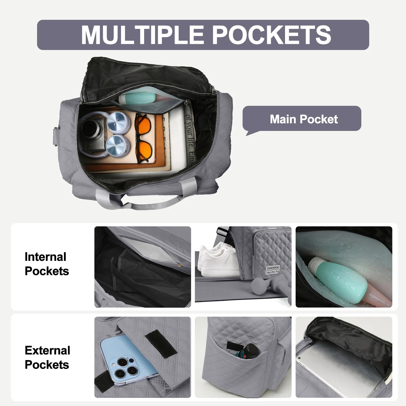 Travel Duffle Bag for Women Men, Weekender Overnight Bags Carry on Gym Bag with Wet Pocket/Adjustable Strap/Shoe Compartment, Foldable Waterproof Duffel Tote for Plane Sports Dance, Gray