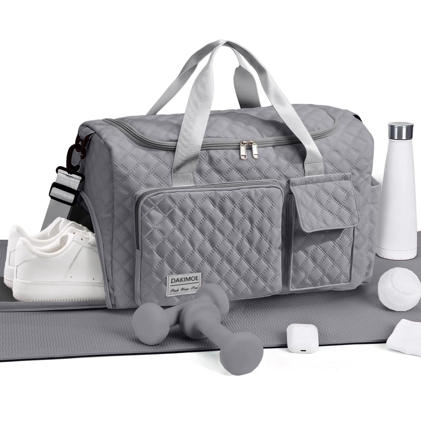 Travel Duffle Bag for Women Men, Weekender Overnight Bags Carry on Gym Bag with Wet Pocket/Adjustable Strap/Shoe Compartment, Foldable Waterproof Duffel Tote for Plane Sports Dance, Gray