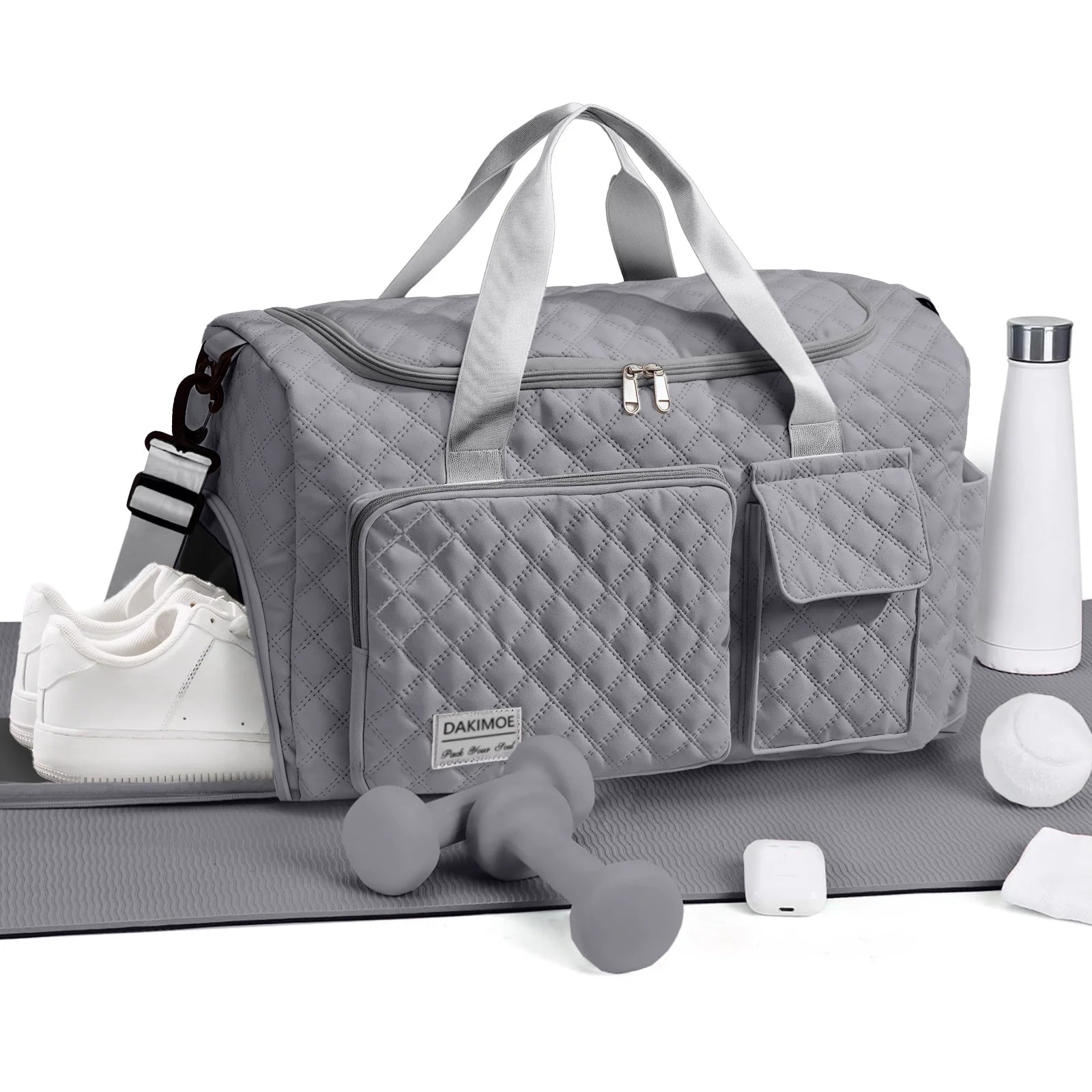 Travel Duffle Bag for Women Men, Weekender Overnight Bags Carry on Gym Bag with Wet Pocket/Adjustable Strap/Shoe Compartment, Foldable Waterproof Duffel Tote for Plane Sports Dance, Gray