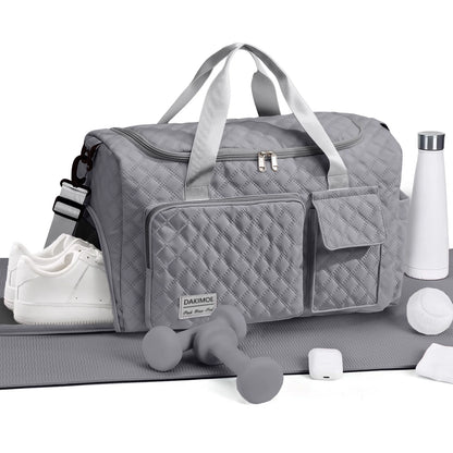 Travel Duffle Bag for Women Men, Weekender Overnight Bags Carry on Gym Bag with Wet Pocket/Adjustable Strap/Shoe Compartment, Foldable Waterproof Duffel Tote for Plane Sports Dance, Gray
